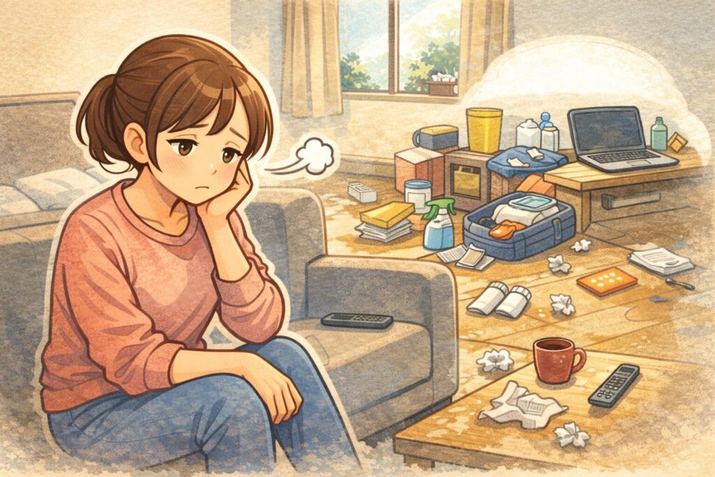 散らかる部屋でため息をつく女性