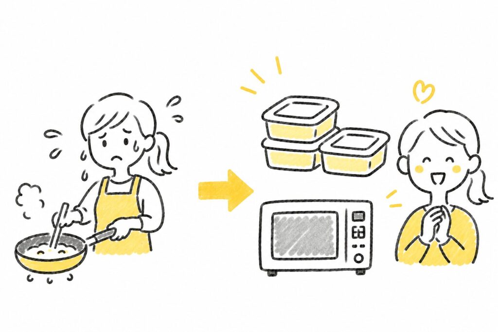 おかずを多め作り置きしてレンジで温める女性