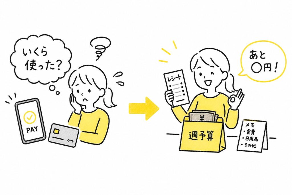 キャシュレス決済を週予算封筒で管理する女性
